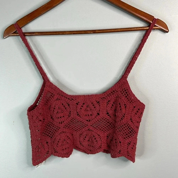 ZARA Crochet Crop Tank Top Rusty Maroon Spaghetti Strap Bohemian Festival M - Picture 7 of 9